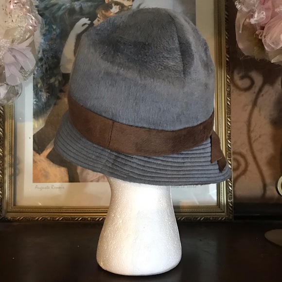 VINTAGE GEORGI ORIGINAL GRAY & BROWN VELOUR MODIFIED FEDORA FELT HAT - Picture 8 of 11